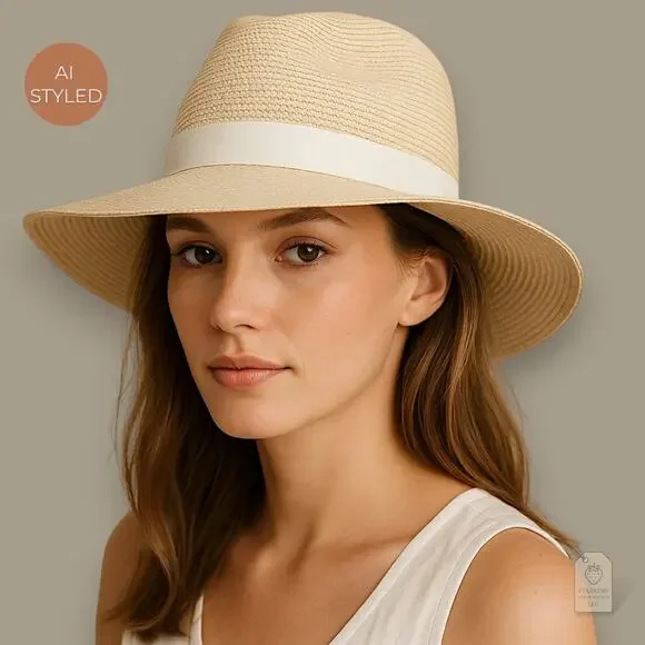 Banana Republic Straw Fedora Hat M/L Beige Wide Brim Sun Hat Lightweight Summer - Picture 2 of 3